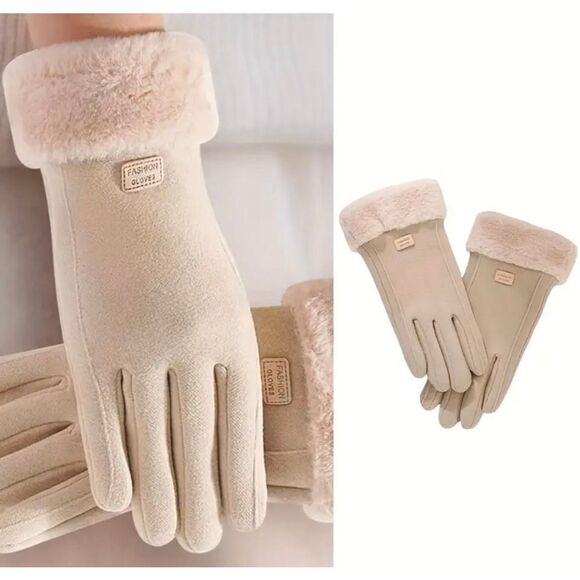 Women’s Beige Thermal Winter Gloves Faux Fur Cuff Touchscreen Compatible - Picture 5 of 5